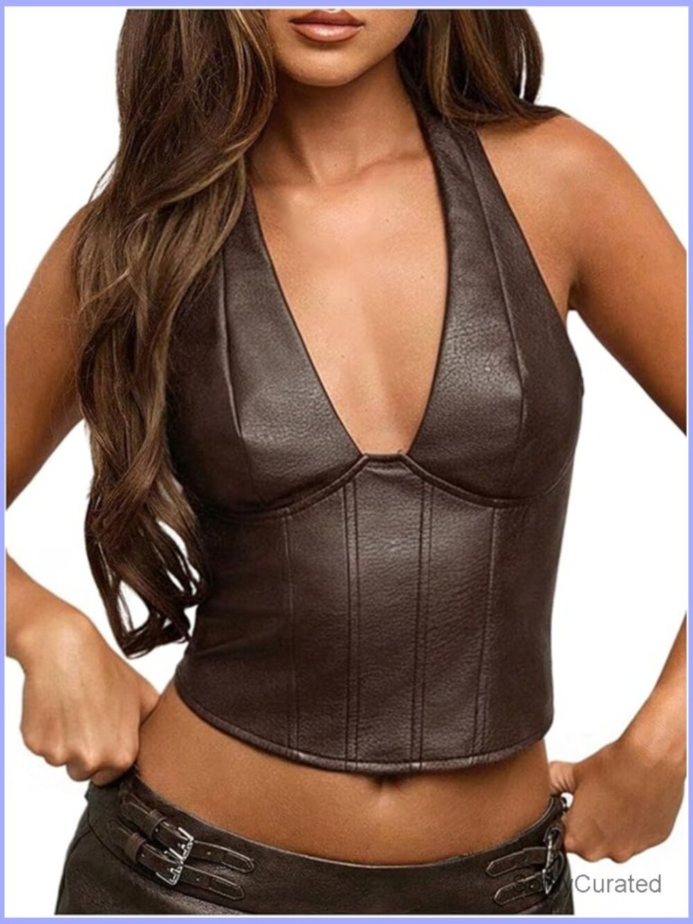 PU Leather Lace Up Western Crop Halter Tops Going Out Festival Outfit